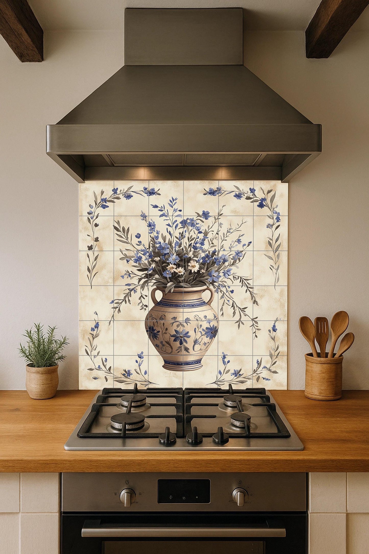 Ceramic mural with blue floral vase: artwork with botanical tiles, Mediterranean ceramic elegance, handcrafted decorative wall art.