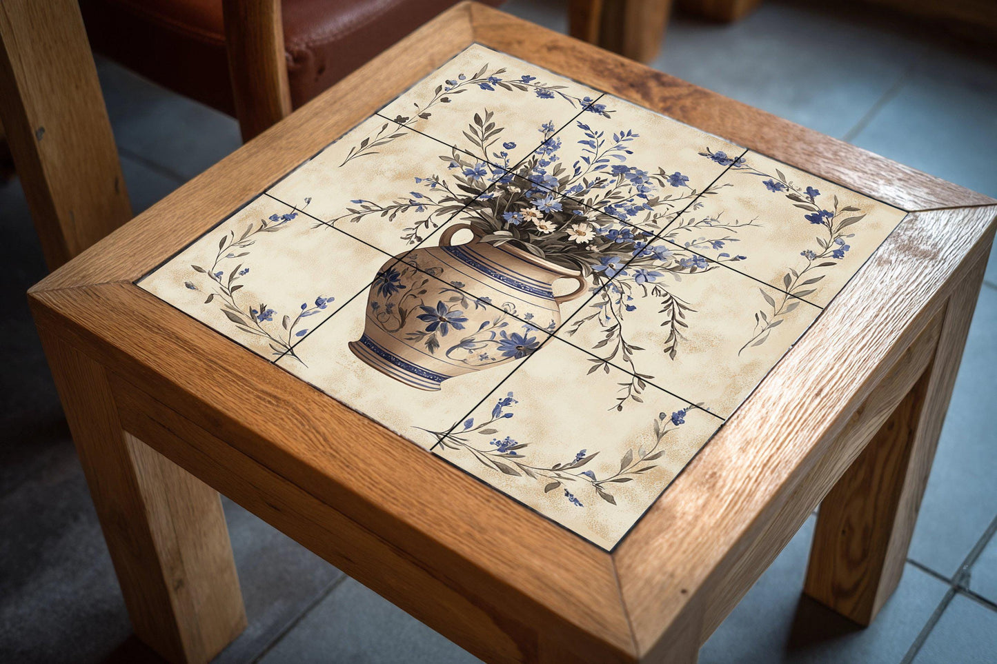 Ceramic mural with blue floral vase: artwork with botanical tiles, Mediterranean ceramic elegance, handcrafted decorative wall art.