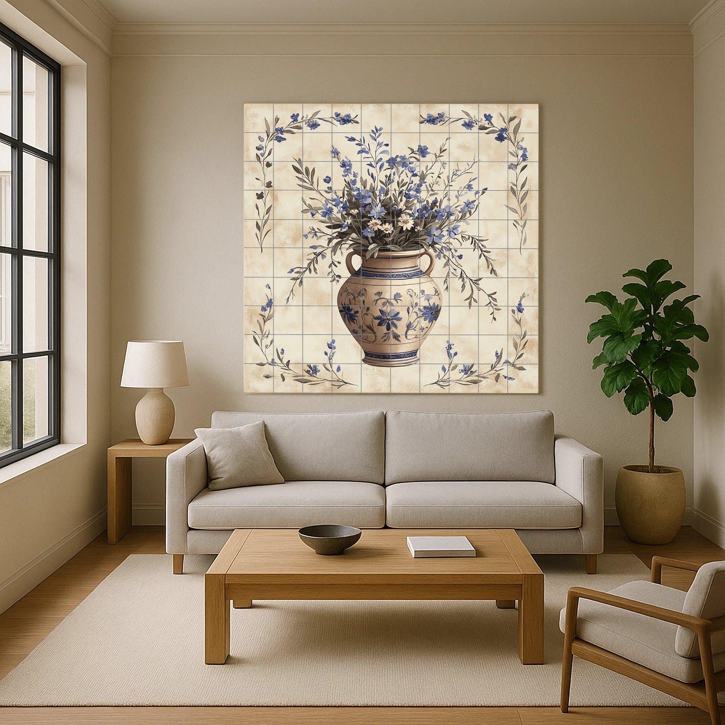 Ceramic mural with blue floral vase: artwork with botanical tiles, Mediterranean ceramic elegance, handcrafted decorative wall art.