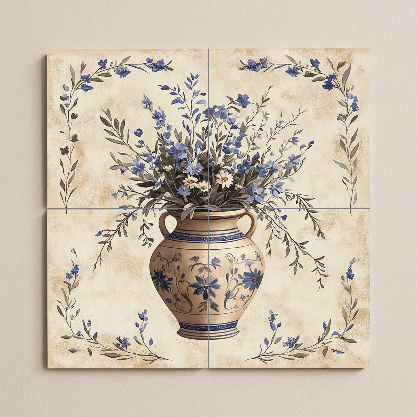 Ceramic mural with blue floral vase: artwork with botanical tiles, Mediterranean ceramic elegance, handcrafted decorative wall art.