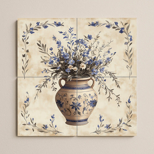Ceramic mural with blue floral vase: artwork with botanical tiles, Mediterranean ceramic elegance, handcrafted decorative wall art.