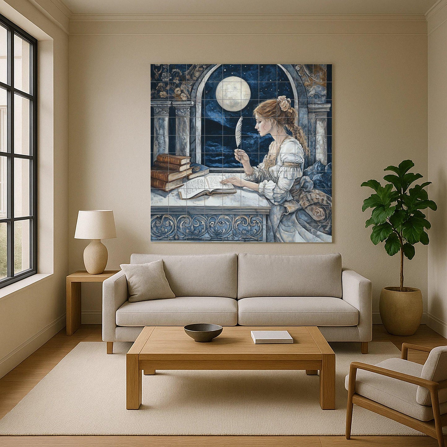 Historical ceramic mural of the Lady with a Feather from Moonlit Arch: Classical architecture, Renaissance nocturne, Literary tile mural art