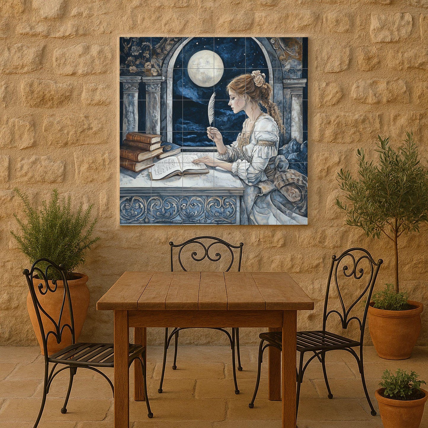 Historical ceramic mural of the Lady with a Feather from Moonlit Arch: Classical architecture, Renaissance nocturne, Literary tile mural art