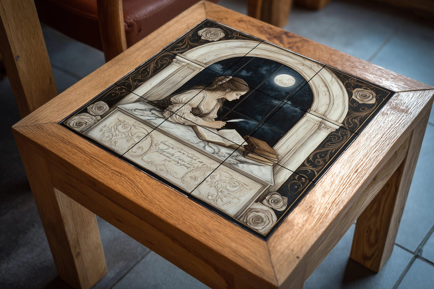 Romantic ceramic mural of a lady writing by a moonlit window: Gothic night artwork, literary tile panel, elegant decorative wall art.
