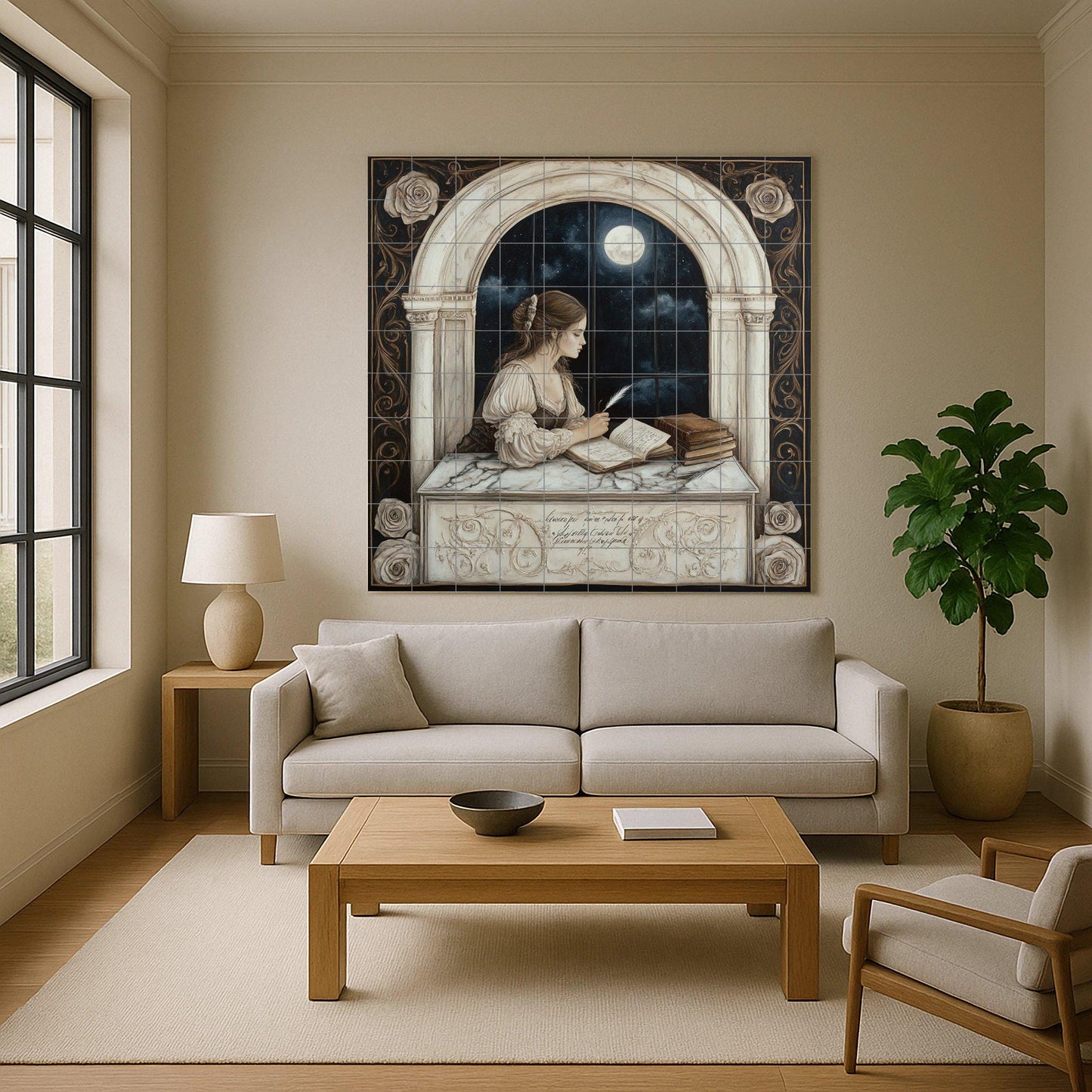Romantic ceramic mural of a lady writing by a moonlit window: Gothic night artwork, literary tile panel, elegant decorative wall art.