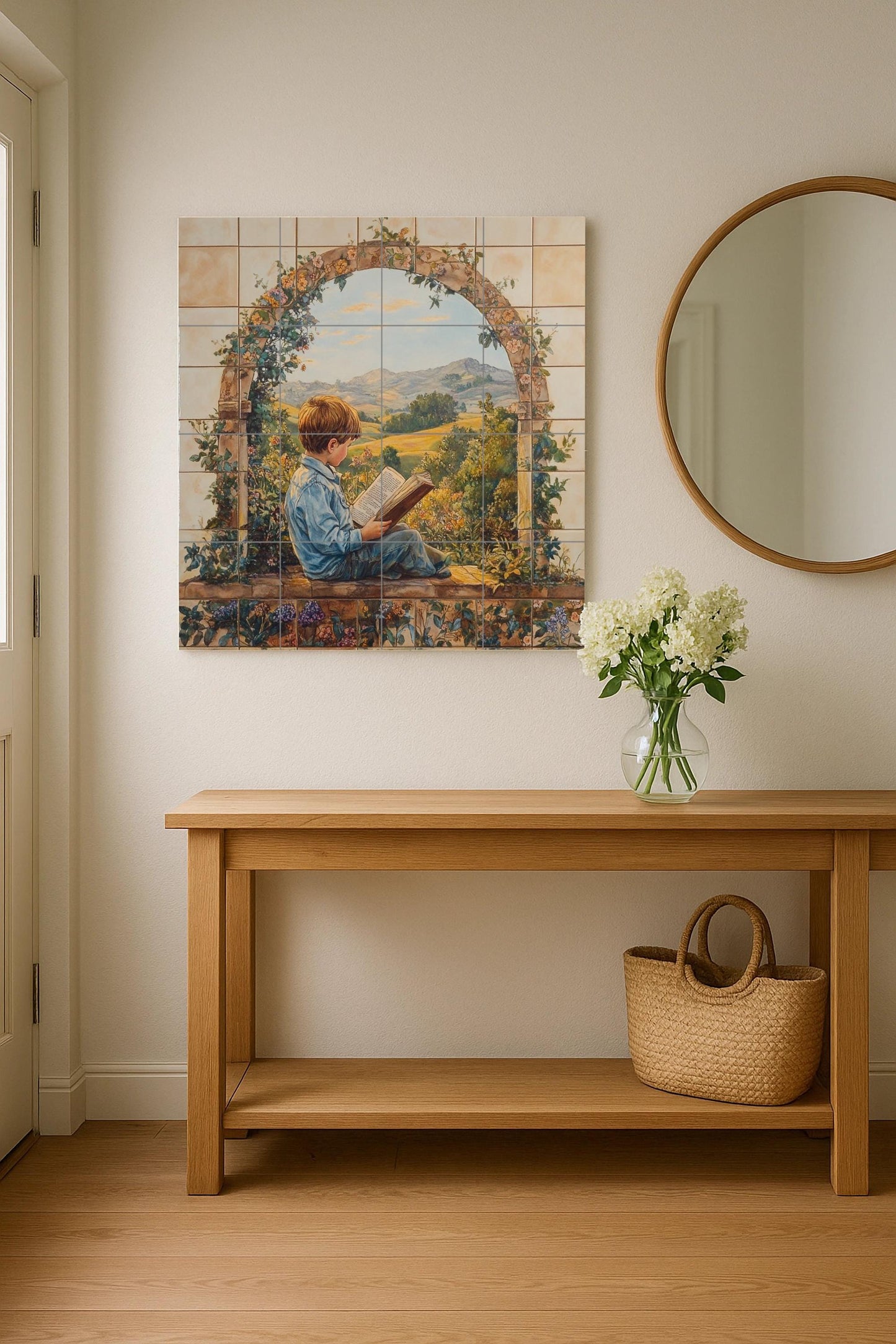Ceramic mural with a child reading in a garden arch: narrative artwork, rural panorama, rustic decorative panel.