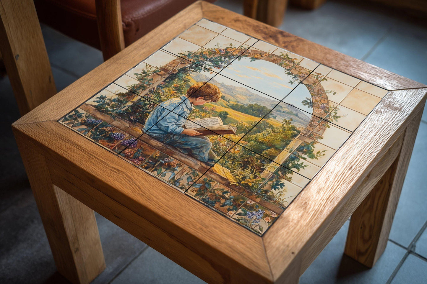 Ceramic mural with a child reading in a garden arch: narrative artwork, rural panorama, rustic decorative panel.