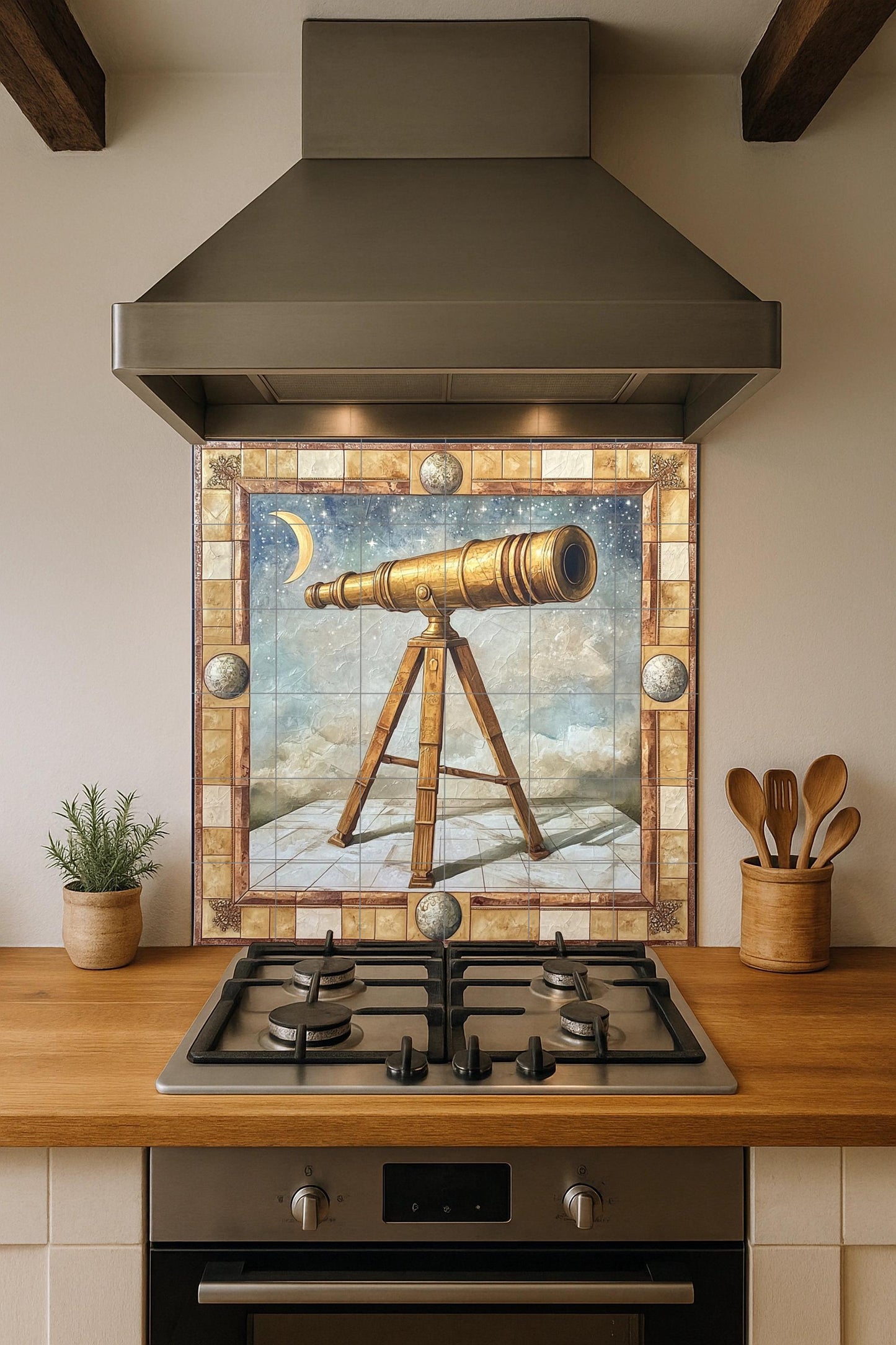 Ceramic mural with golden telescope: astronomical scene with crescent moon, celestial constellations and art of ancient optical instruments.