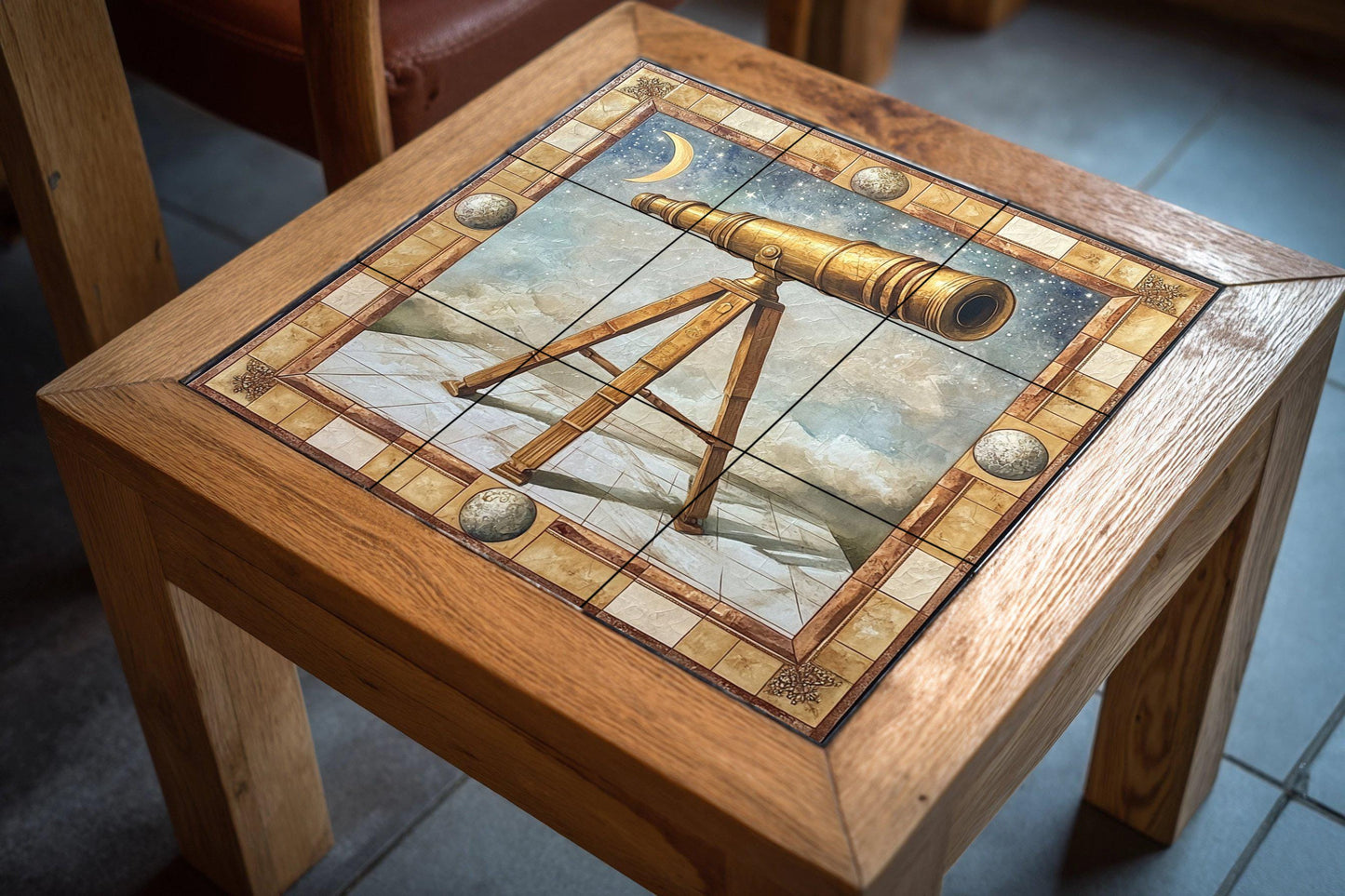 Ceramic mural with golden telescope: astronomical scene with crescent moon, celestial constellations and art of ancient optical instruments.