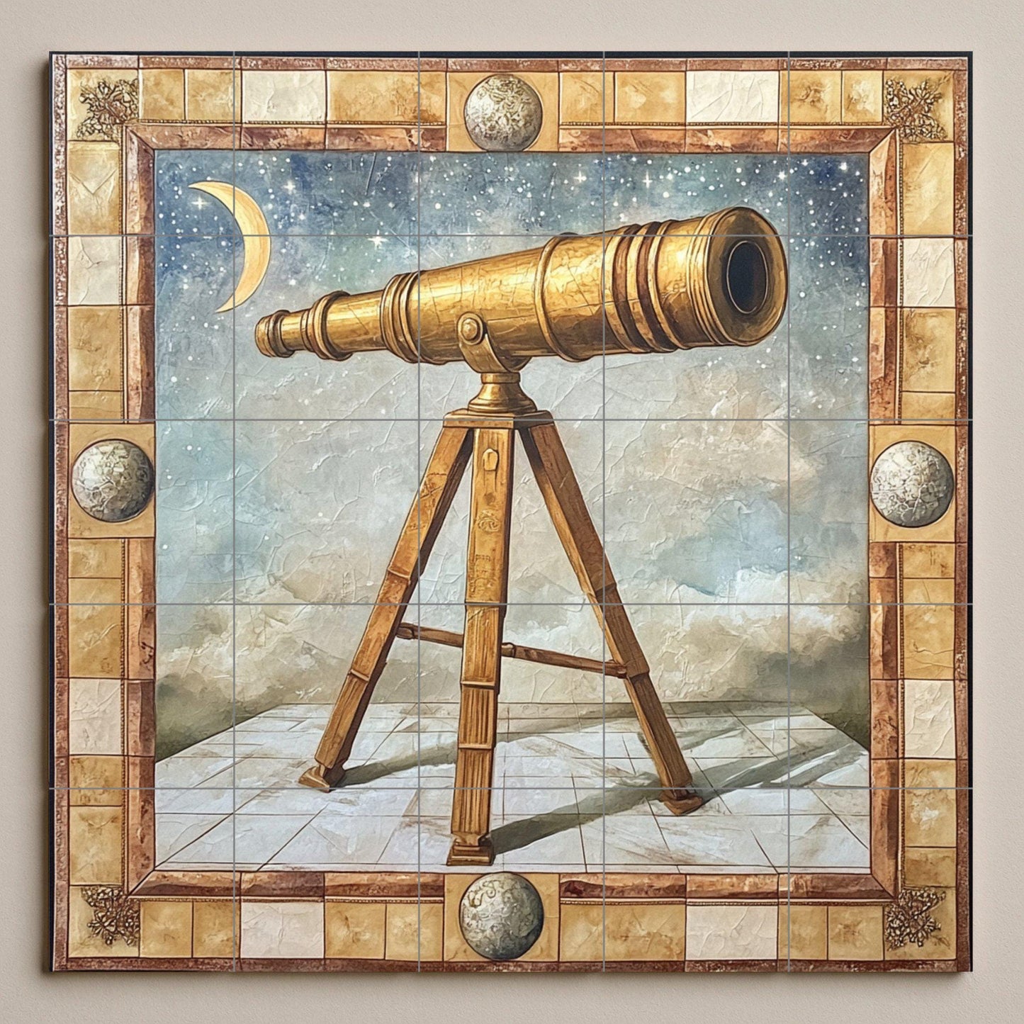 Ceramic mural with golden telescope: astronomical scene with crescent moon, celestial constellations and art of ancient optical instruments.