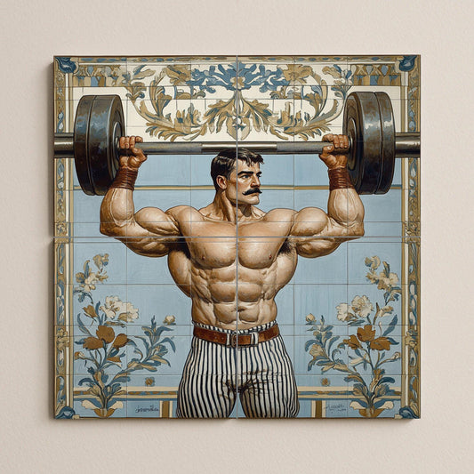 Vintage ceramic mural of a strong man: retro weightlifter art with a floral frame