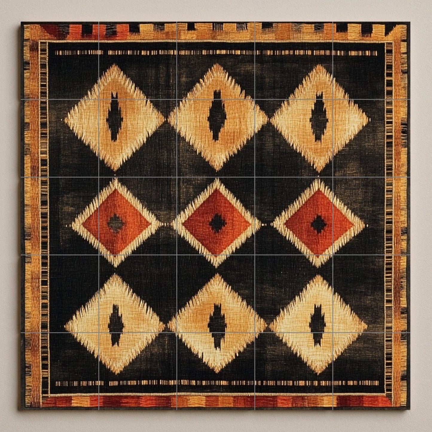 Modern Southwest ceramic mural: geometric diamond pattern in earth tones of black, gold and terracotta.