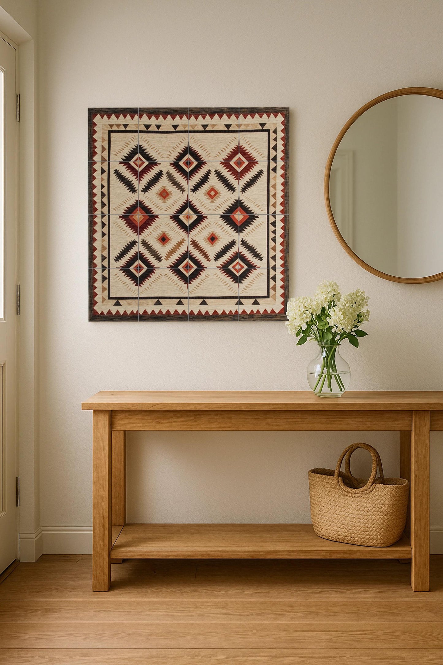 Navajo textile ceramic mural: Southwest rhombuses and earth tones in zigzag with hand-woven border.