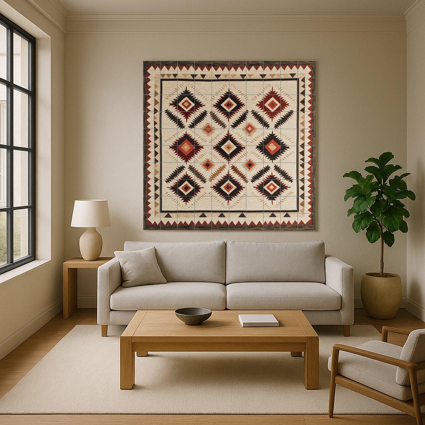 Navajo textile ceramic mural: Southwest rhombuses and earth tones in zigzag with hand-woven border.