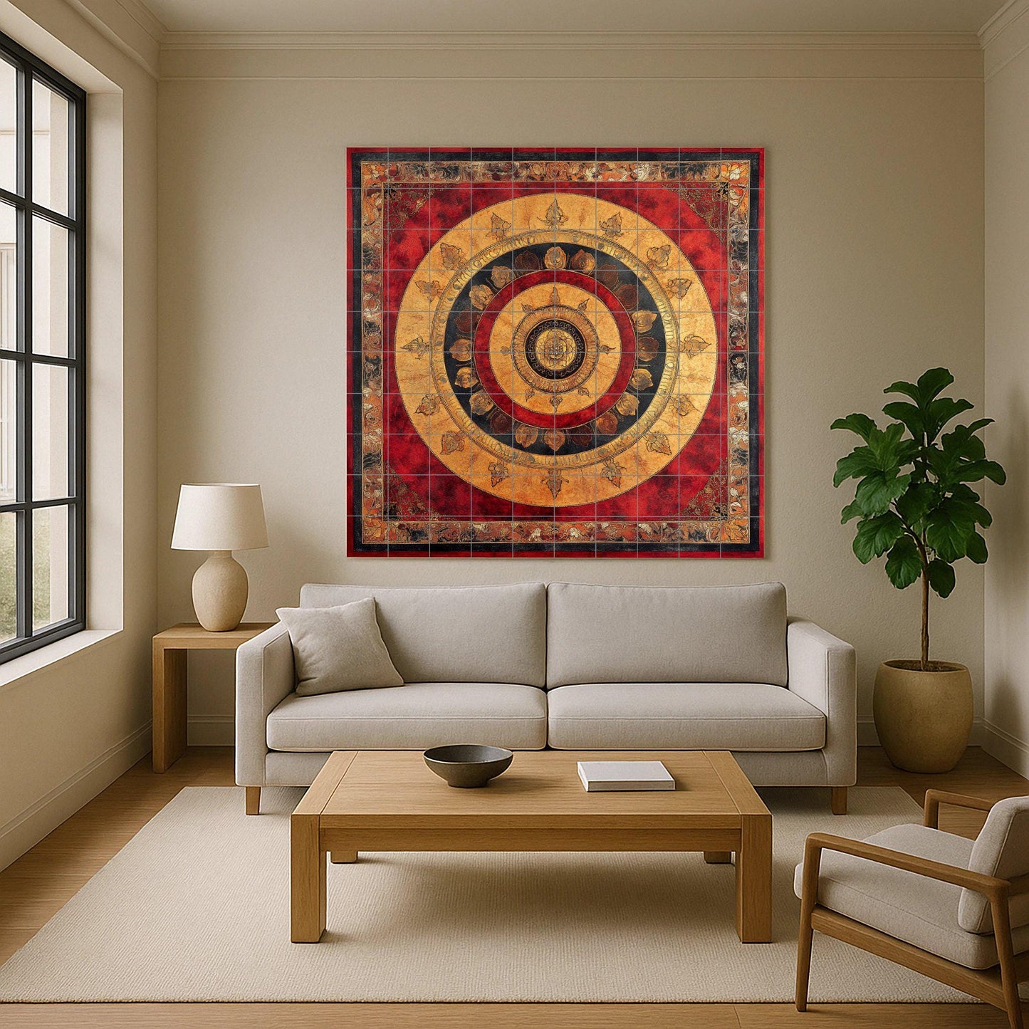 Ceramic mural of Nepalese mandala: sacred Tibetan lotus and cloud border with golden radial symbols in red and black.
