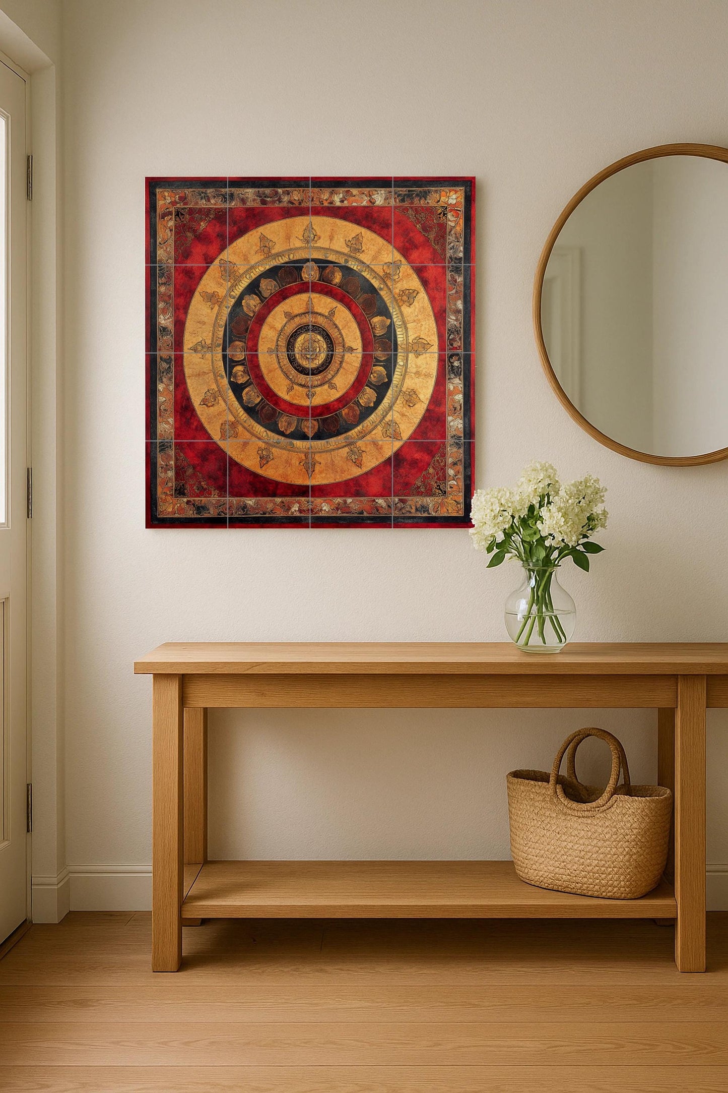 Ceramic mural of Nepalese mandala: sacred Tibetan lotus and cloud border with golden radial symbols in red and black.