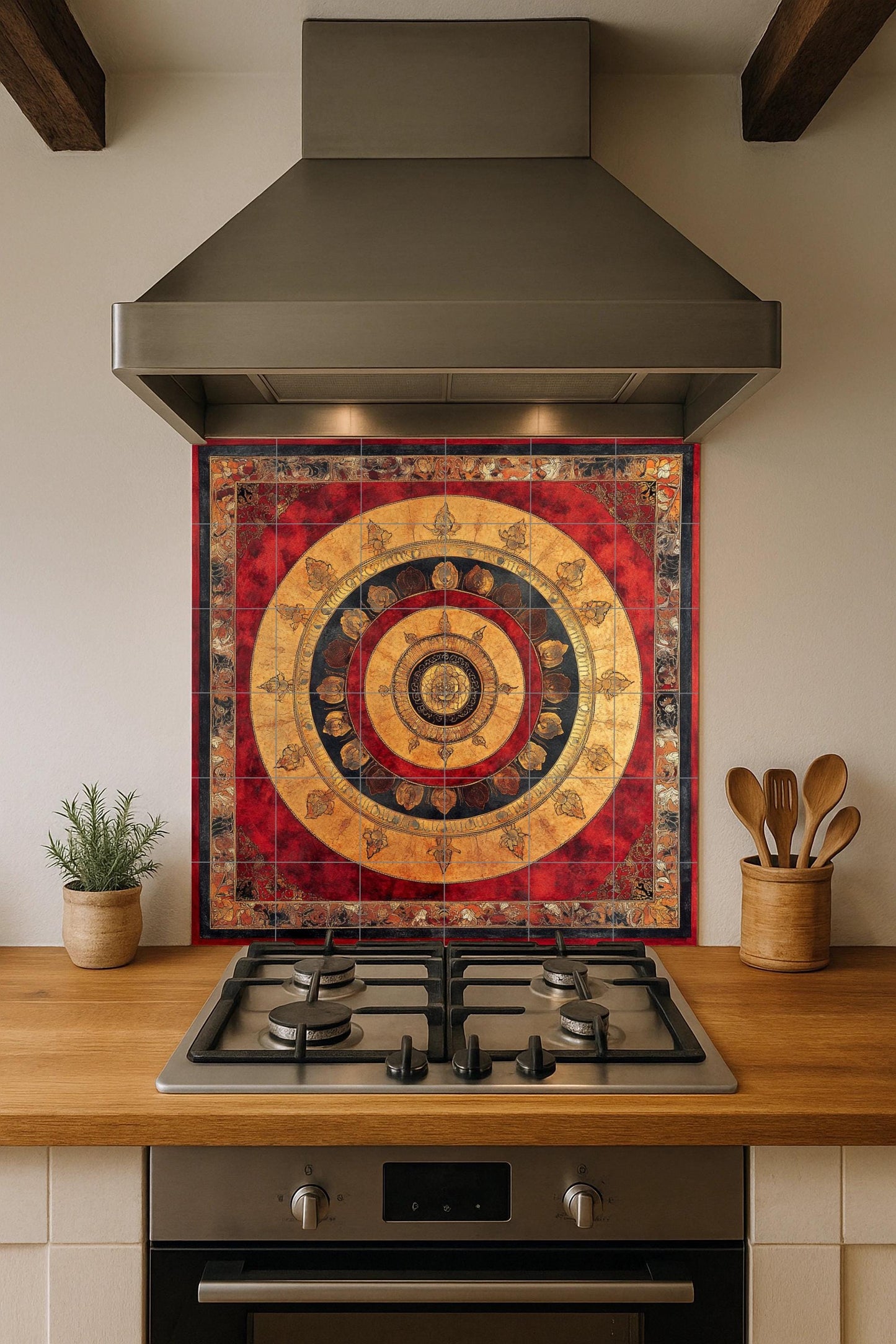 Ceramic mural of Nepalese mandala: sacred Tibetan lotus and cloud border with golden radial symbols in red and black.
