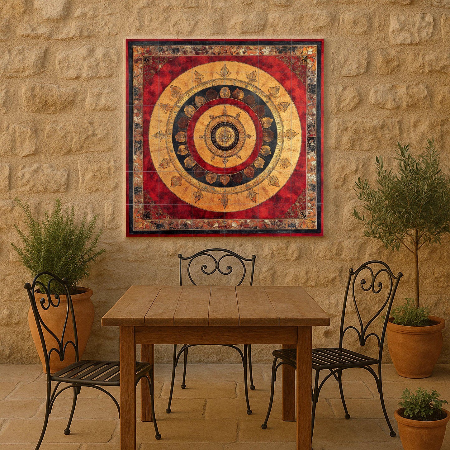 Ceramic mural of Nepalese mandala: sacred Tibetan lotus and cloud border with golden radial symbols in red and black.