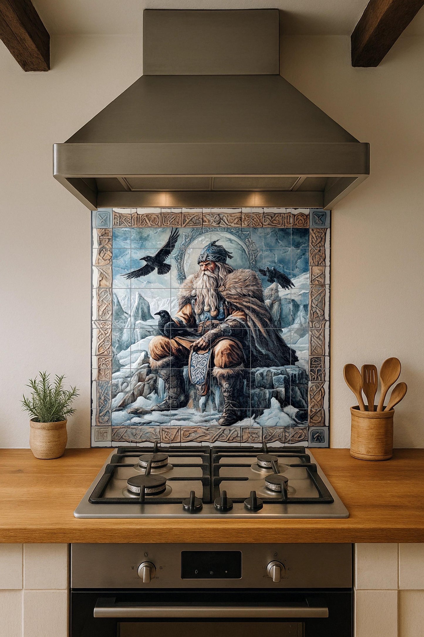 Ceramic mural of Norse mythology: Odin with the ravens Huginn and Muninn, Viking god on an ice throne bordered with Norse runes.