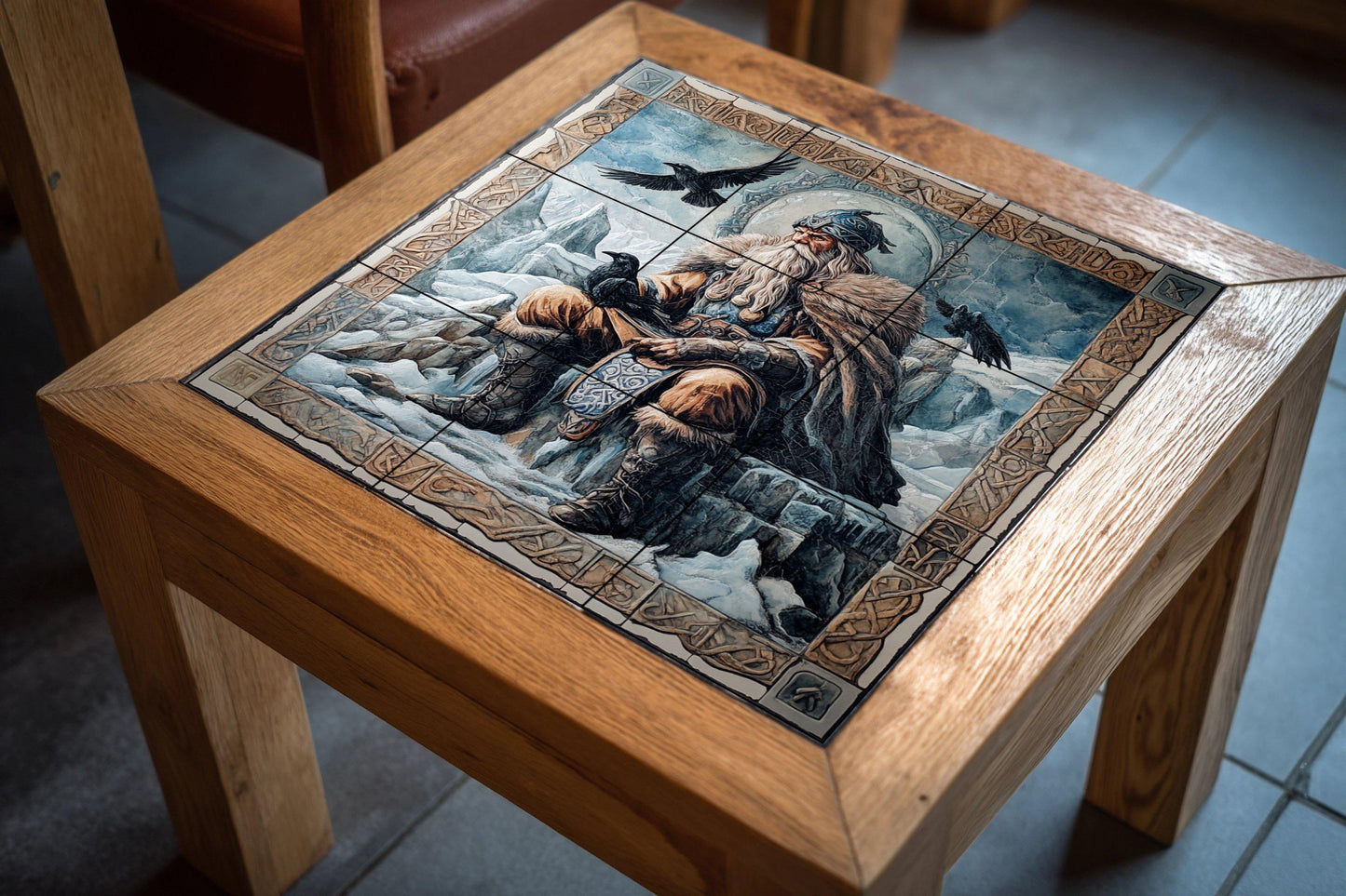 Ceramic mural of Norse mythology: Odin with the ravens Huginn and Muninn, Viking god on an ice throne bordered with Norse runes.