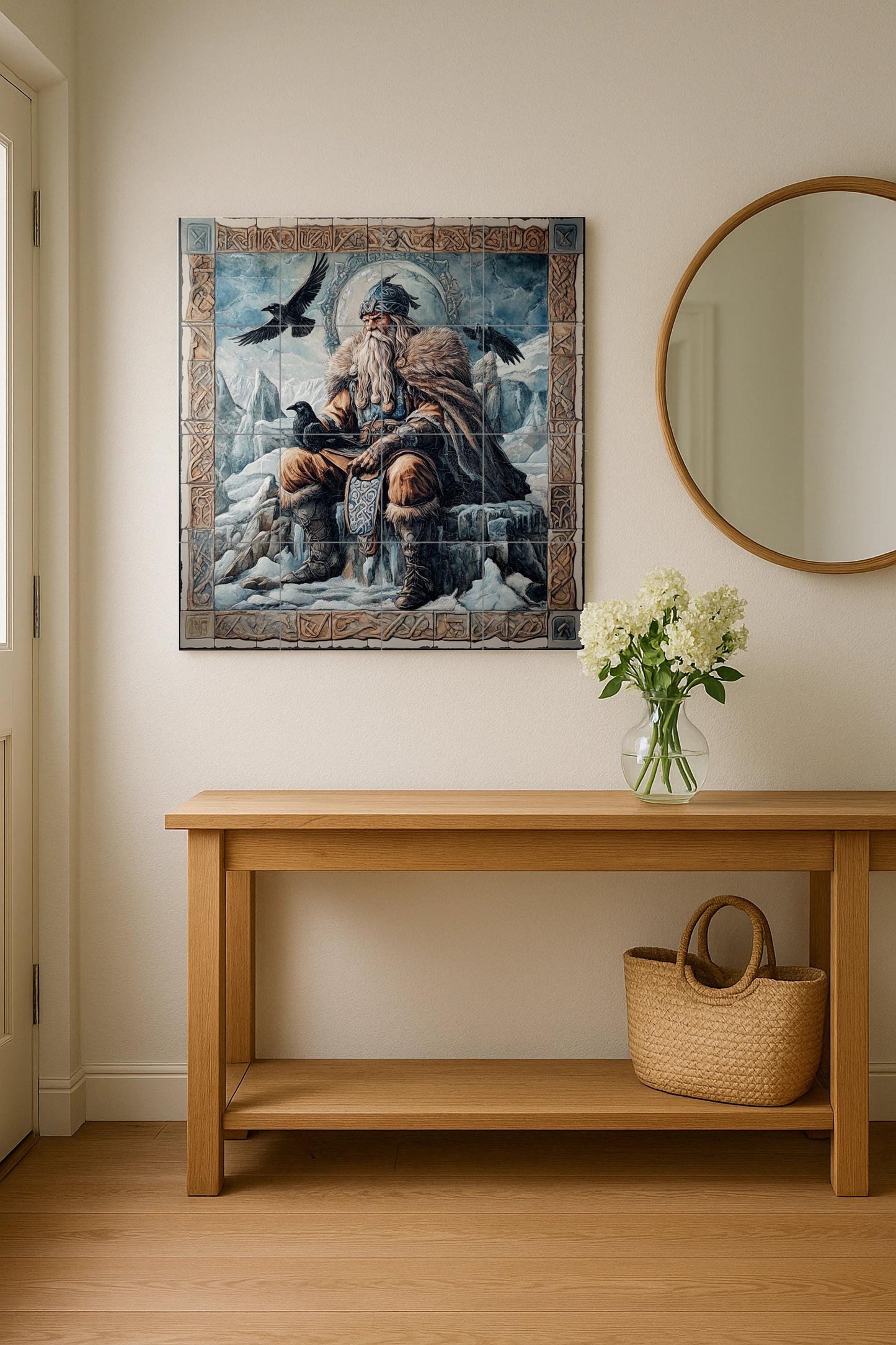Ceramic mural of Norse mythology: Odin with the ravens Huginn and Muninn, Viking god on an ice throne bordered with Norse runes.