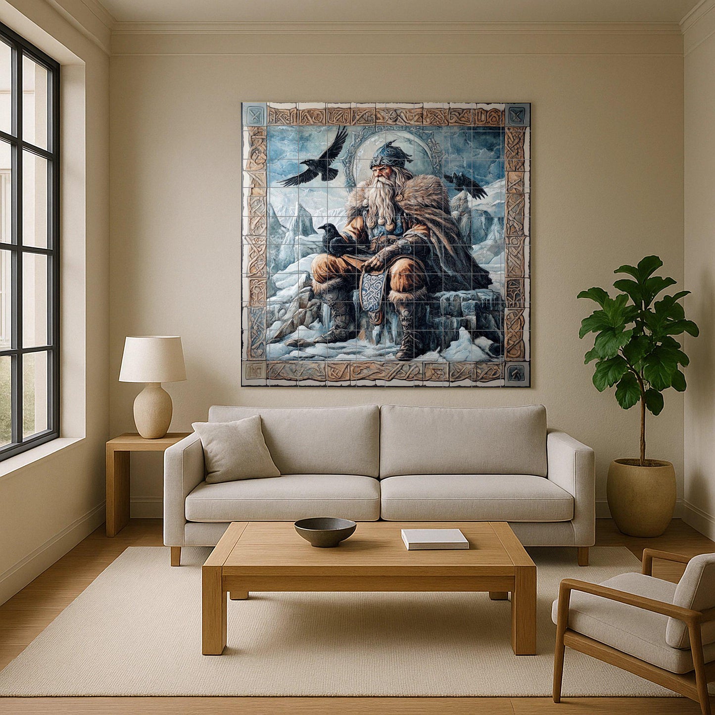 Ceramic mural of Norse mythology: Odin with the ravens Huginn and Muninn, Viking god on an ice throne bordered with Norse runes.