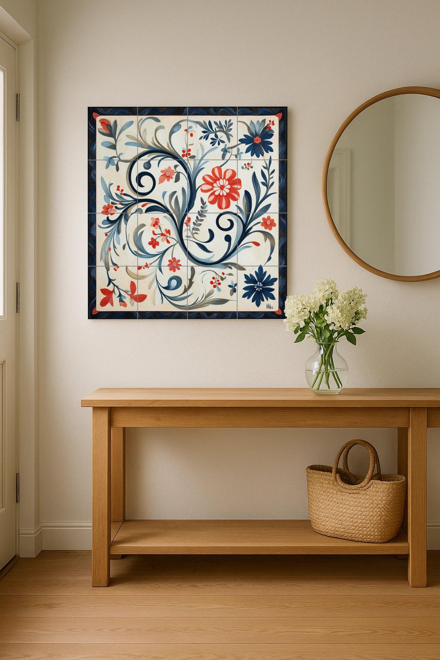 Norwegian ceramic mural Rosemaling: traditional floral scrolls from Telemark and Hallingdal, heritage of Scandinavian decorative art