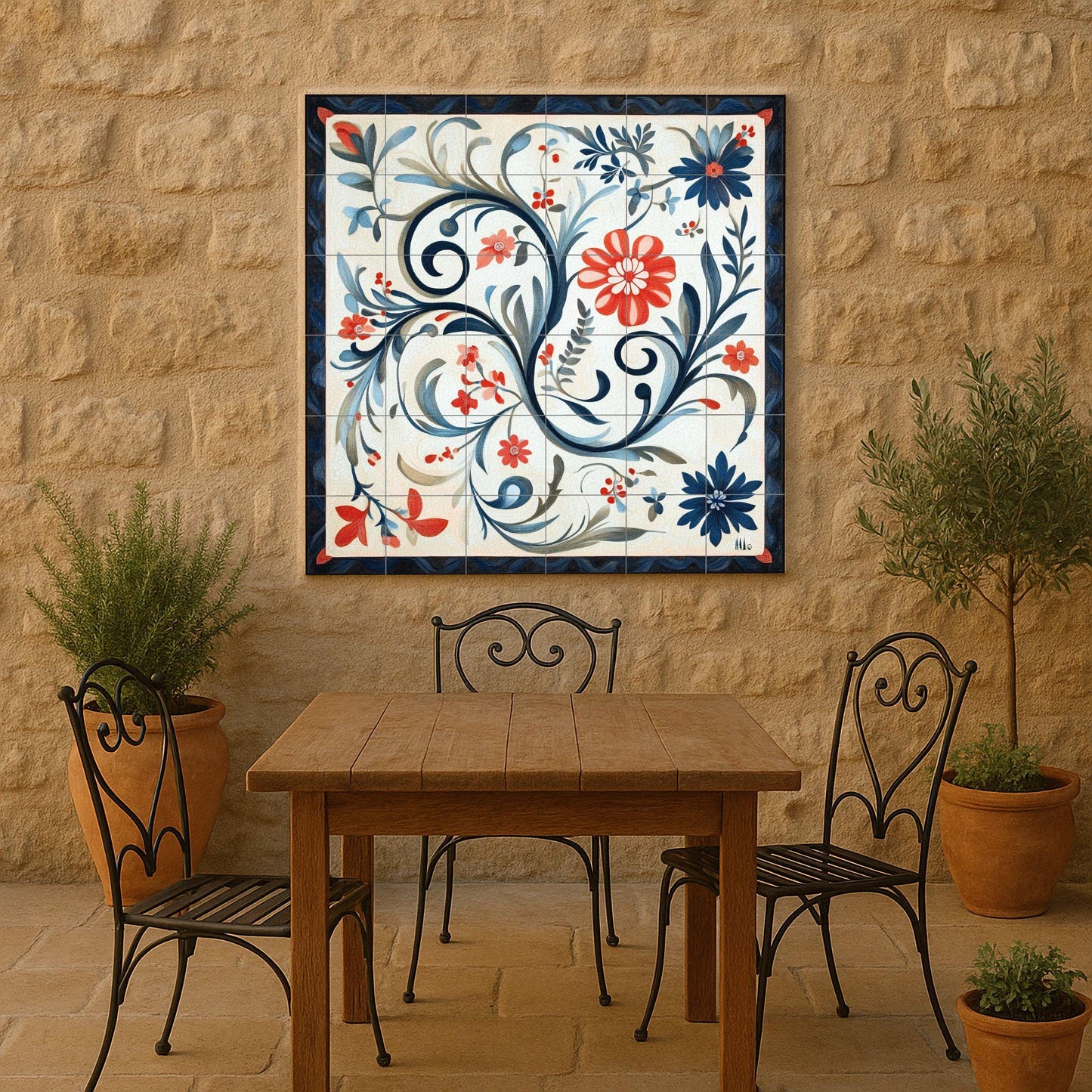 Norwegian ceramic mural Rosemaling: traditional floral scrolls from Telemark and Hallingdal, heritage of Scandinavian decorative art
