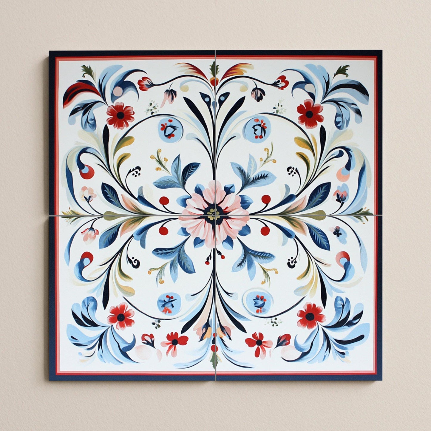 Norwegian ceramic mural Rosemaling: Nordic folk floral design in blue and red with stylized Scandinavian border.