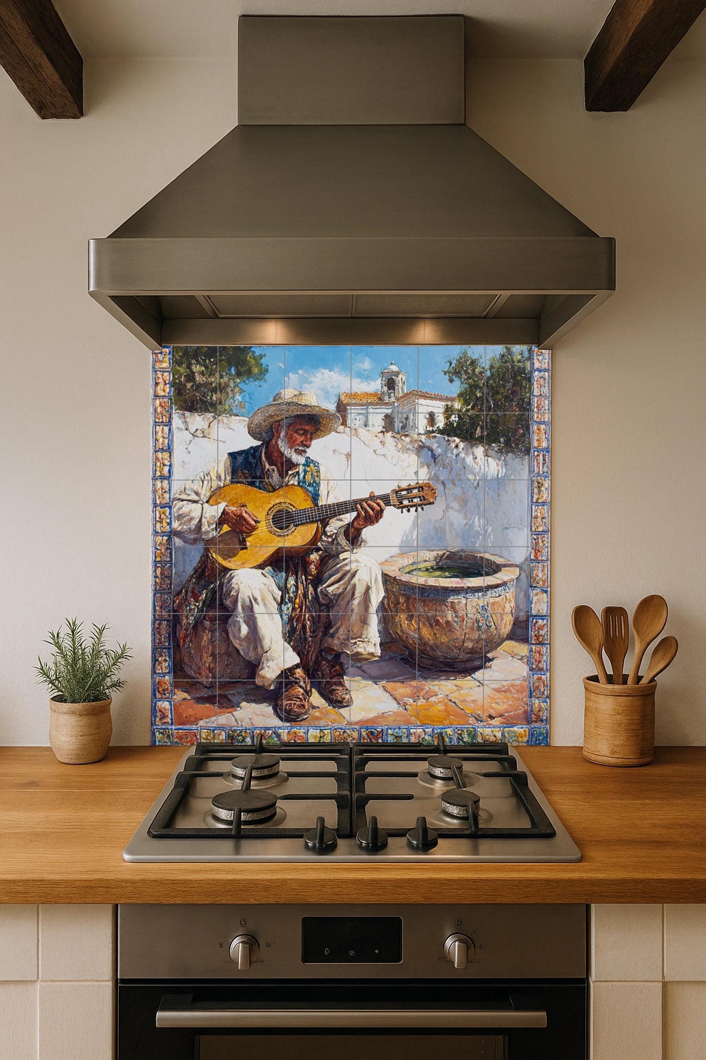 Andalusian flamenco ceramic mural – Gypsy guitarist in a village scene, Cordoba Cadiz Jerez Granada Malaga Ronda