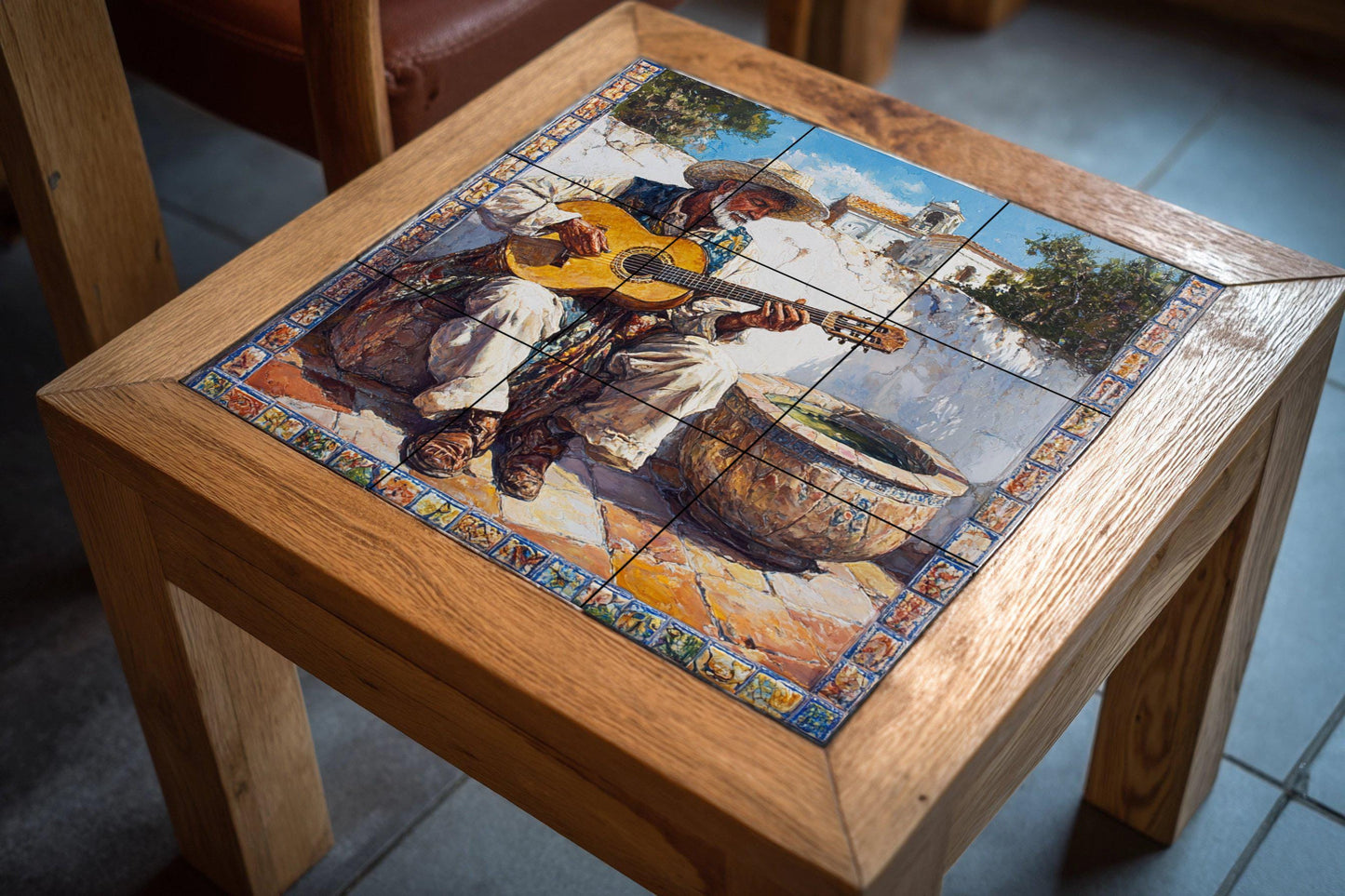 Andalusian flamenco ceramic mural – Gypsy guitarist in a village scene, Cordoba Cadiz Jerez Granada Malaga Ronda
