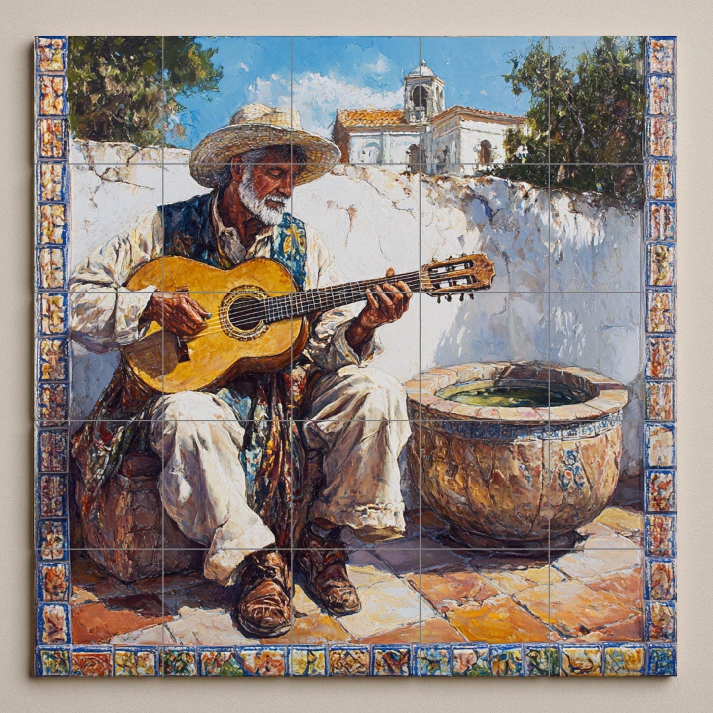 Andalusian flamenco ceramic mural – Gypsy guitarist in a village scene, Cordoba Cadiz Jerez Granada Malaga Ronda