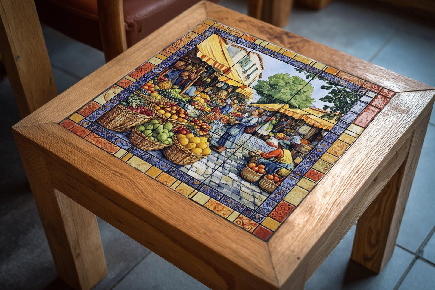 Ceramic mural of the Mediterranean Market: vibrant fruit stalls and a village square scene with colorful borders and a sunny atmosphere.