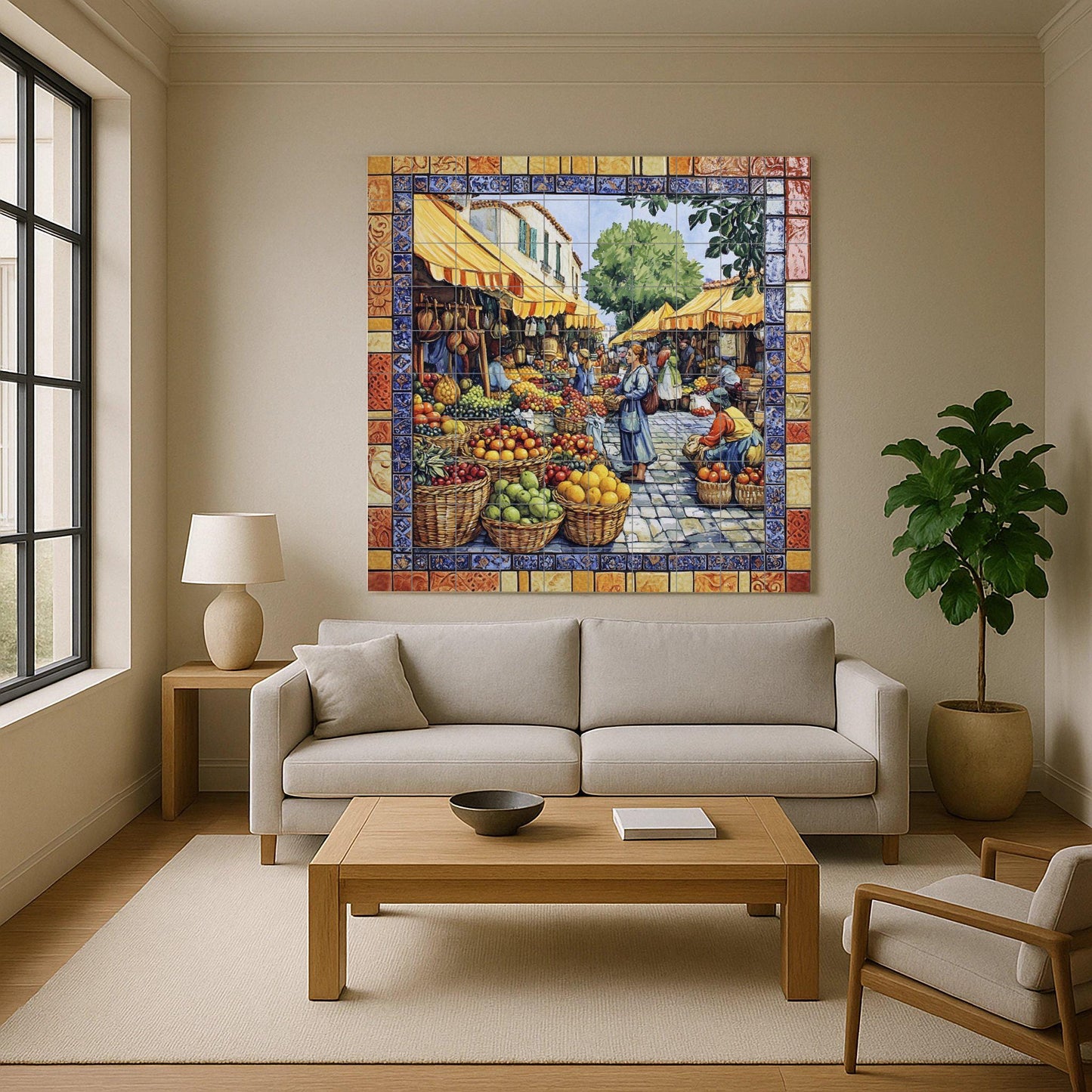 Ceramic mural of the Mediterranean Market: vibrant fruit stalls and a village square scene with colorful borders and a sunny atmosphere.