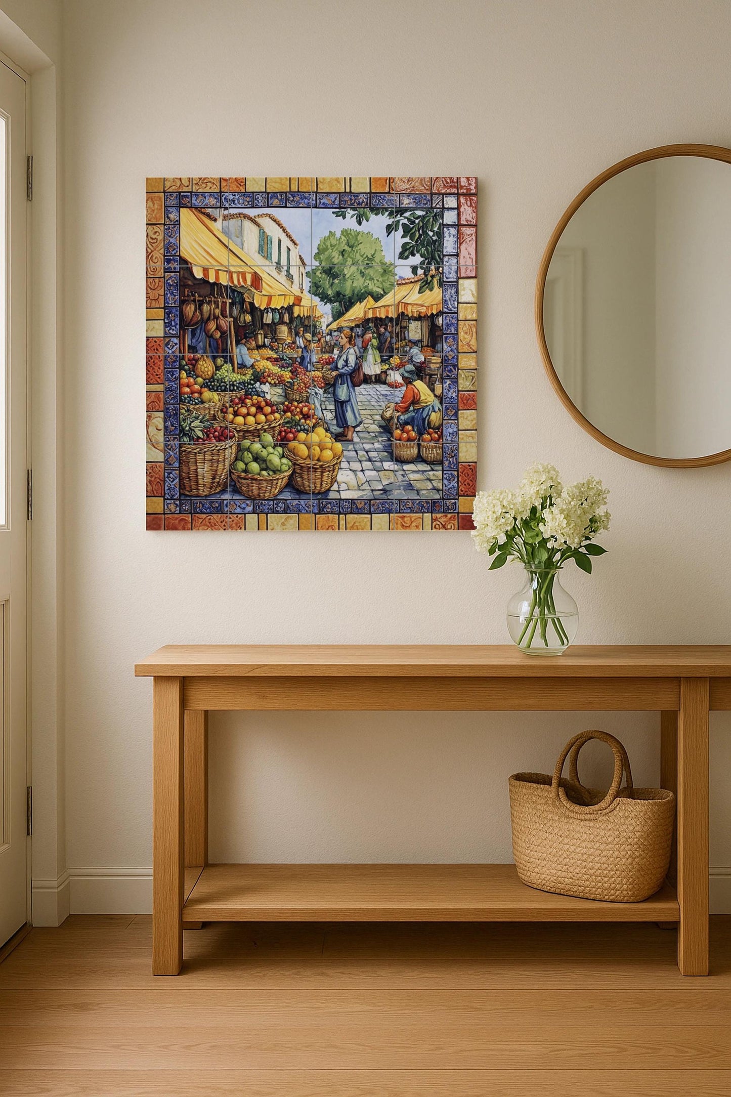 Ceramic mural of the Mediterranean Market: vibrant fruit stalls and a village square scene with colorful borders and a sunny atmosphere.