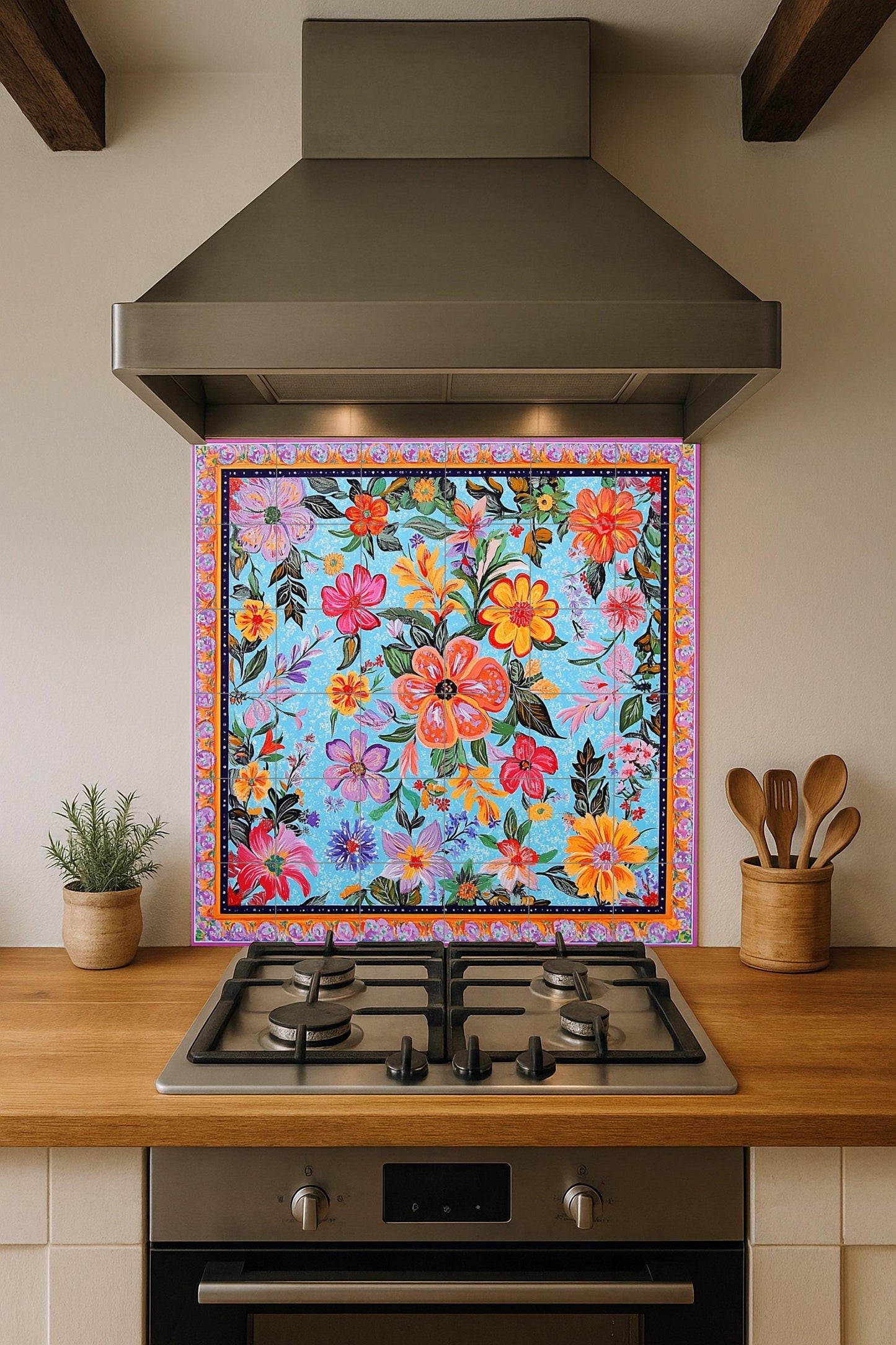 Ceramic mural of Pakistani art with trucks: a bright floral bouquet with traditional colors, vibrant street art style and ornamental borders.