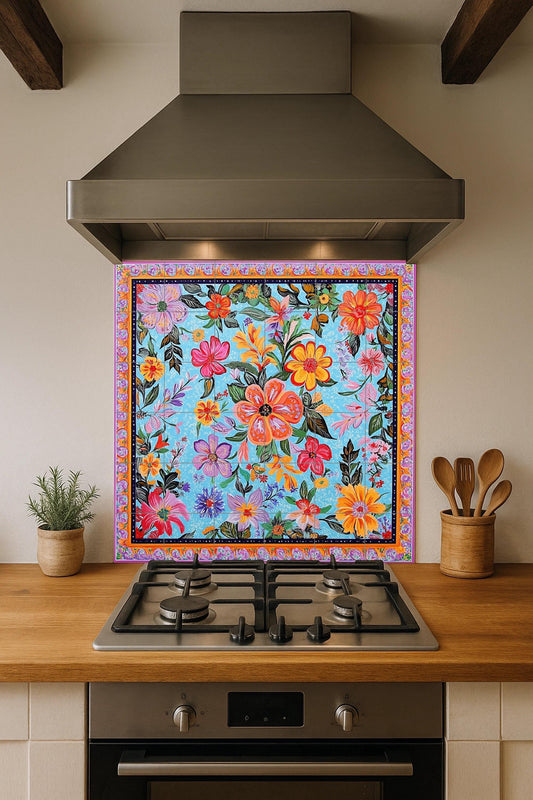 Ceramic mural of Pakistani art with trucks: a bright floral bouquet with traditional colors, vibrant street art style and ornamental borders.