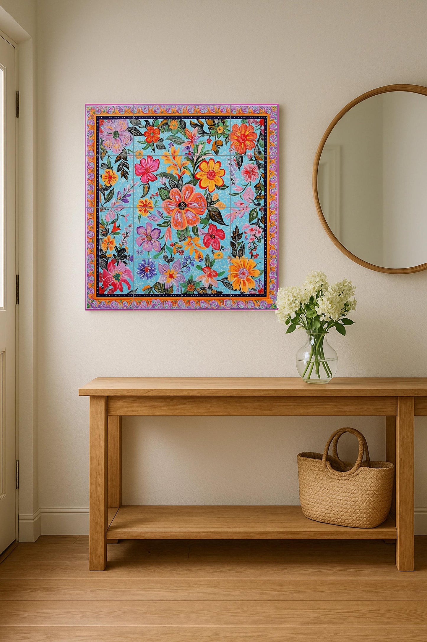 Ceramic mural of Pakistani art with trucks: a bright floral bouquet with traditional colors, vibrant street art style and ornamental borders.