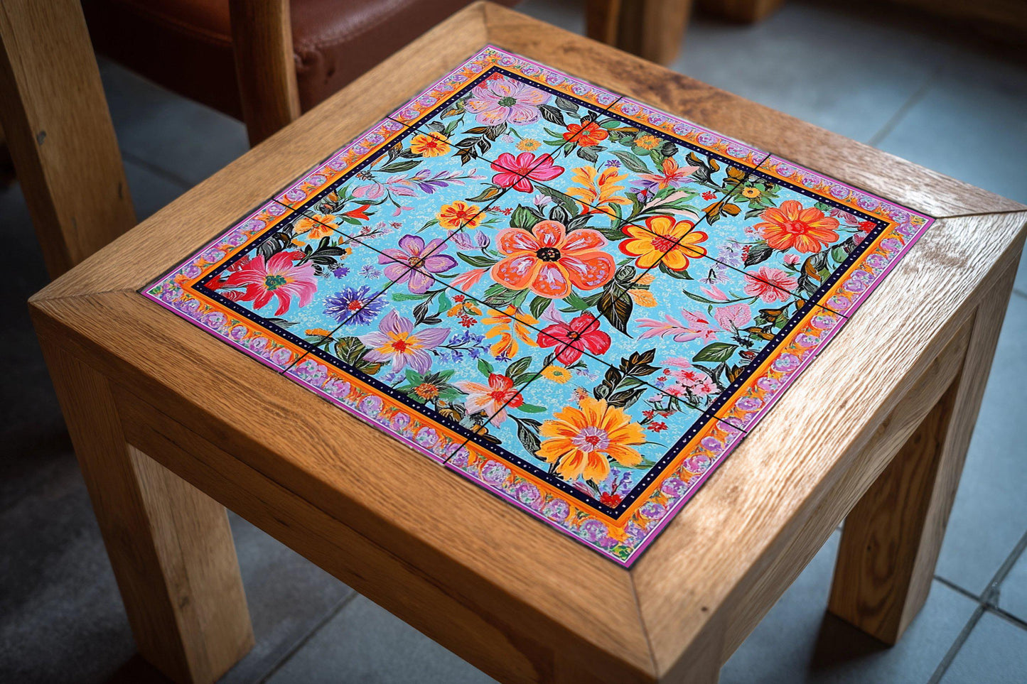 Ceramic mural of Pakistani art with trucks: a bright floral bouquet with traditional colors, vibrant street art style and ornamental borders.