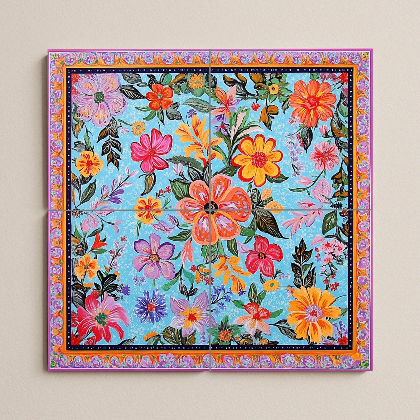 Ceramic mural of Pakistani art with trucks: a bright floral bouquet with traditional colors, vibrant street art style and ornamental borders.