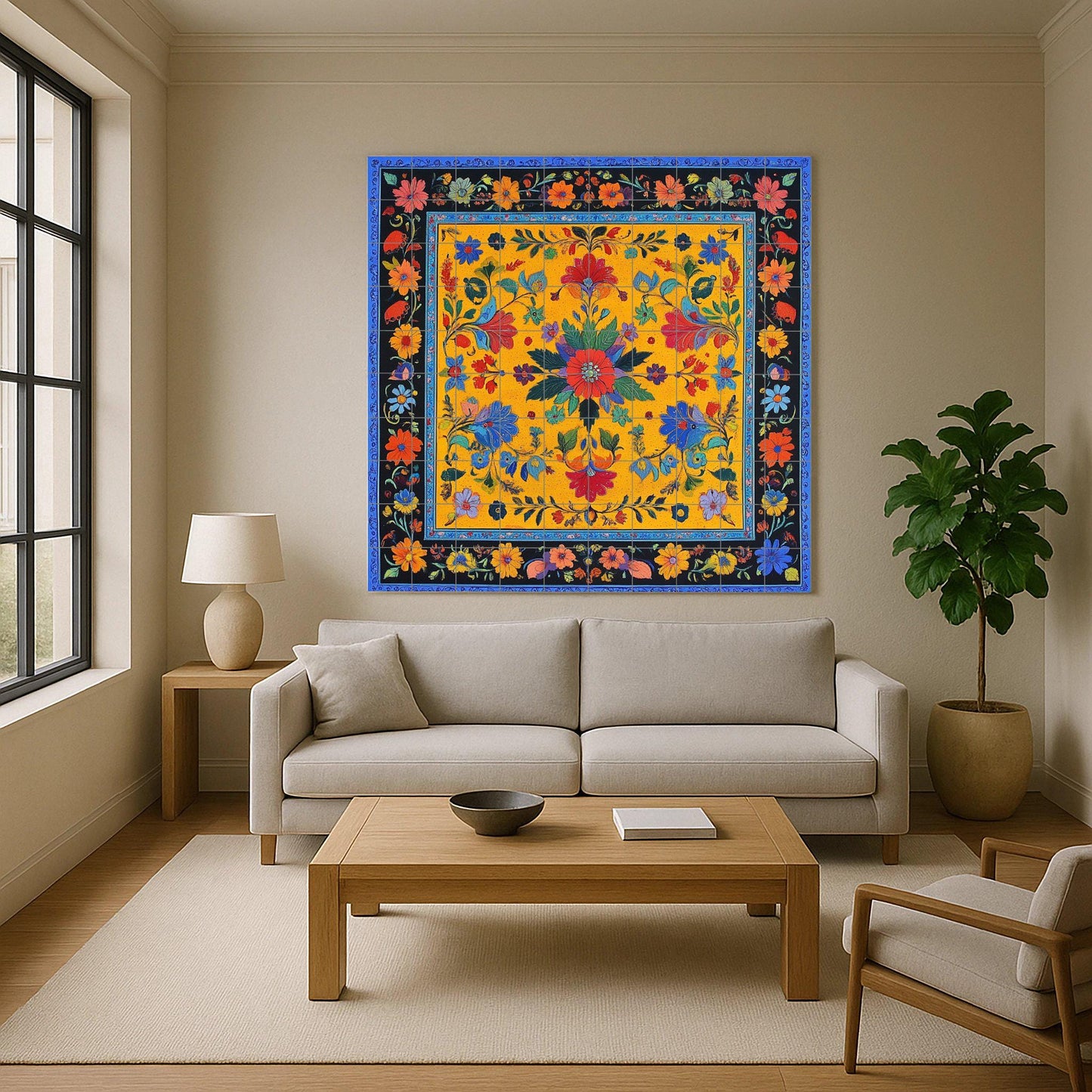 Pakistani ceramic mural: modern floral design inspired by Lahore Fort, Shalimar Gardens and Sufi cultural heritage.