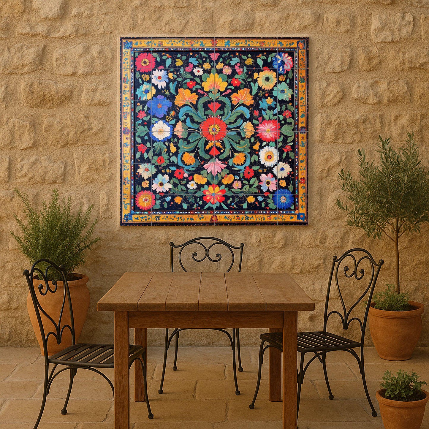Pakistani ceramic mural: popular floral design inspired by Mughal gardens, the colors of the Indus Valley, and vibrant cultural craftsmanship.