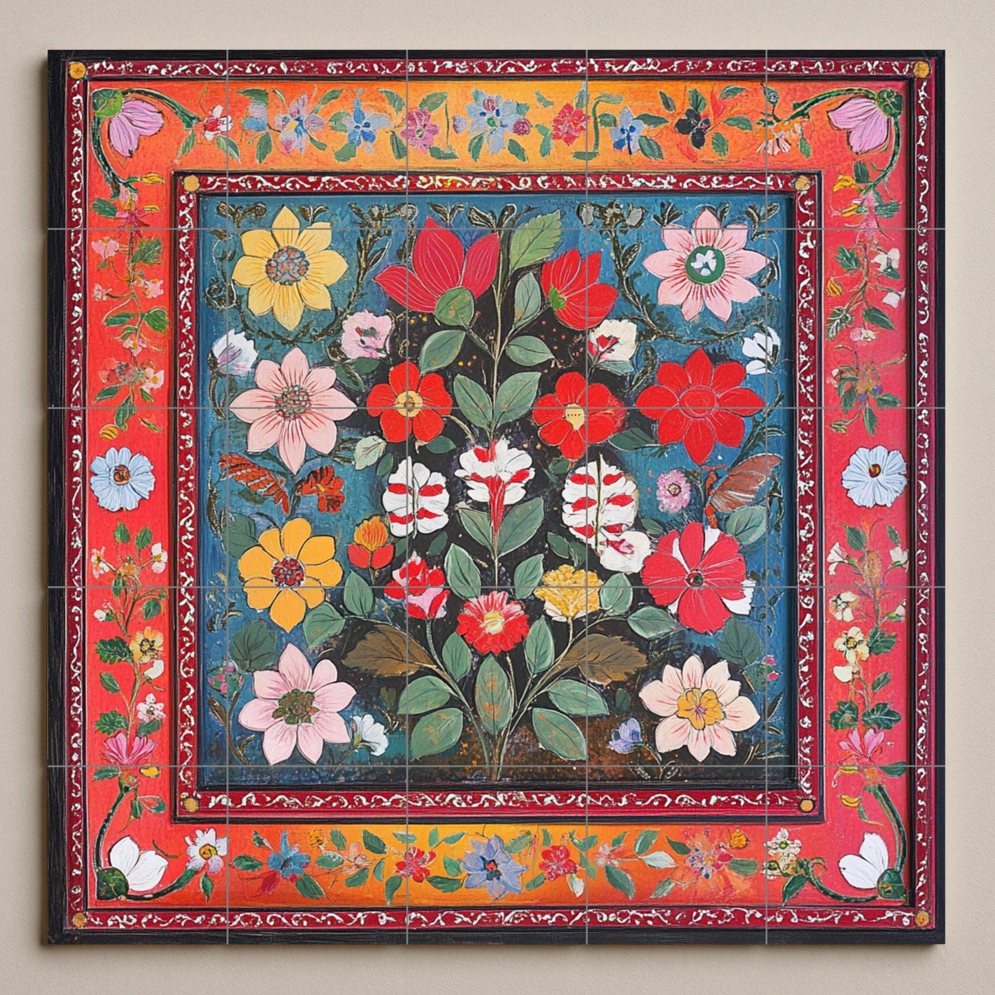 Pakistani ceramic mural: Lahore and Multan folk floral design with vibrant Karachi truck art colors and ornamental borders.