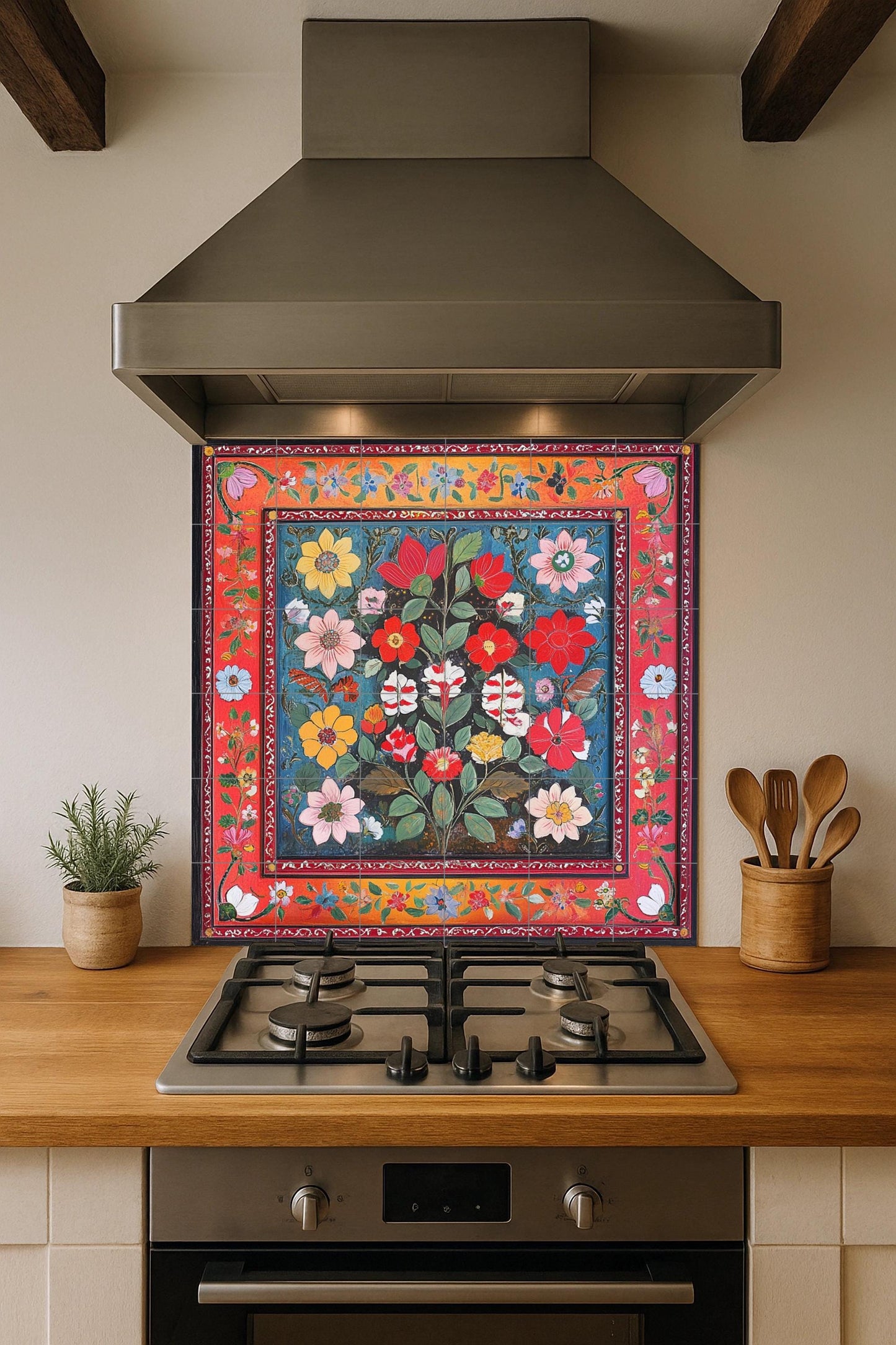 Pakistani ceramic mural: Lahore and Multan folk floral design with vibrant Karachi truck art colors and ornamental borders.