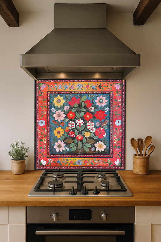 Pakistani ceramic mural: Lahore and Multan folk floral design with vibrant Karachi truck art colors and ornamental borders.
