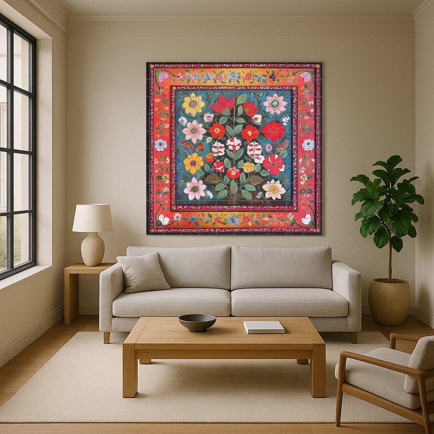 Pakistani ceramic mural: Lahore and Multan folk floral design with vibrant Karachi truck art colors and ornamental borders.