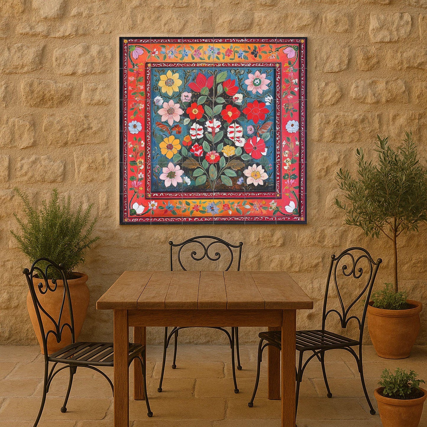 Pakistani ceramic mural: Lahore and Multan folk floral design with vibrant Karachi truck art colors and ornamental borders.