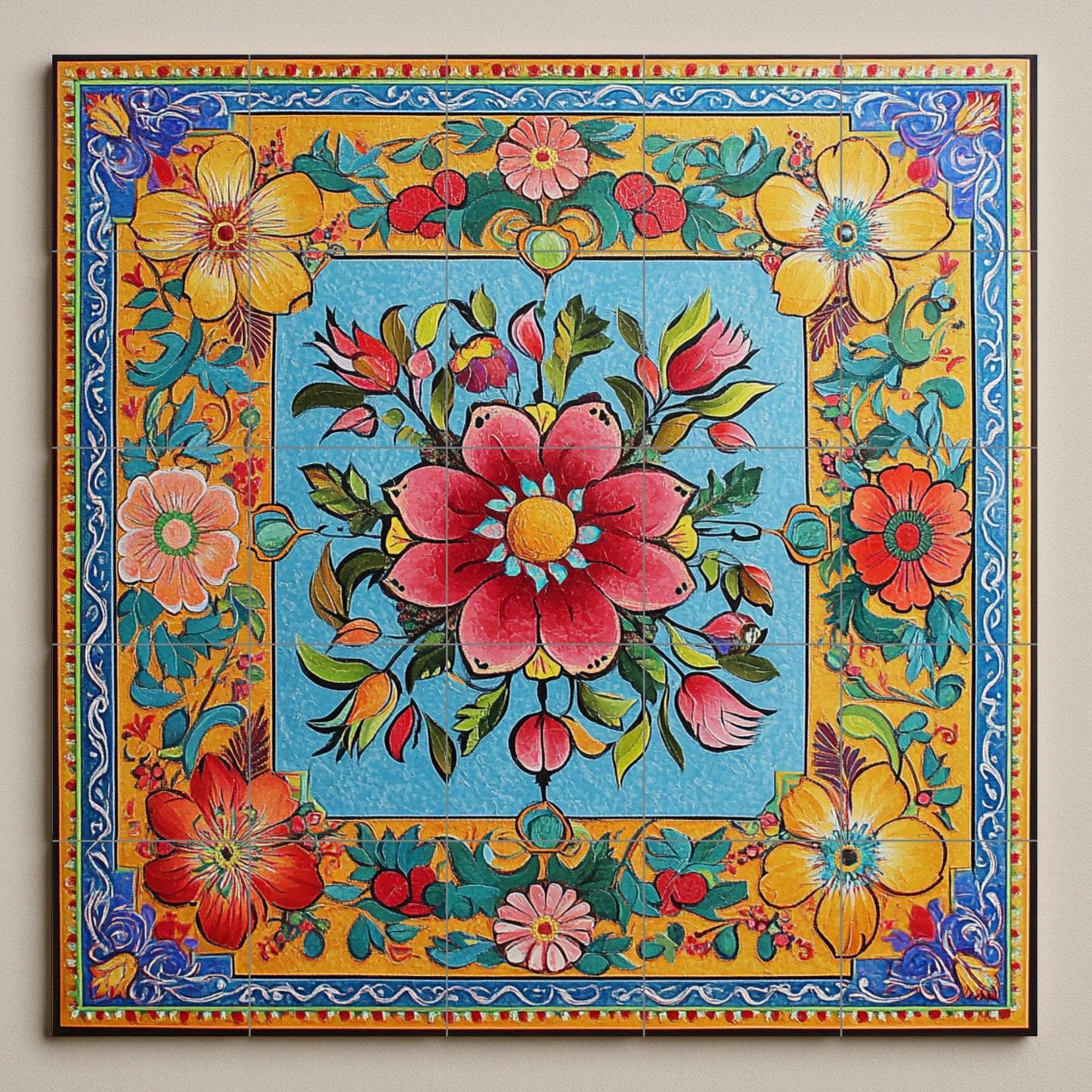 Ceramic mural with Pakistani truck art: vibrant floral and geometric motifs with decorative border, wall tile design with a colorful folk style.