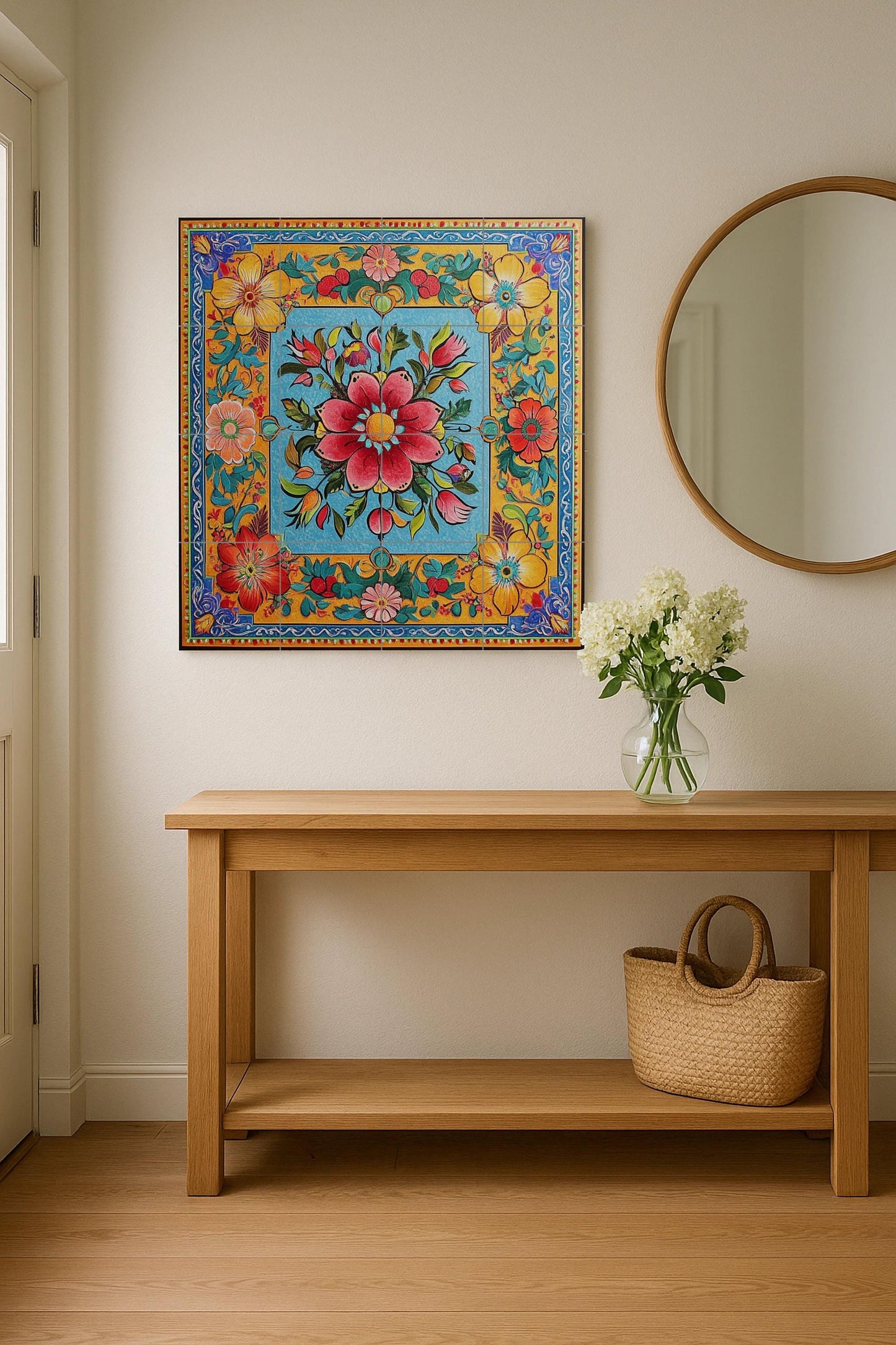 Ceramic mural with Pakistani truck art: vibrant floral and geometric motifs with decorative border, wall tile design with a colorful folk style.
