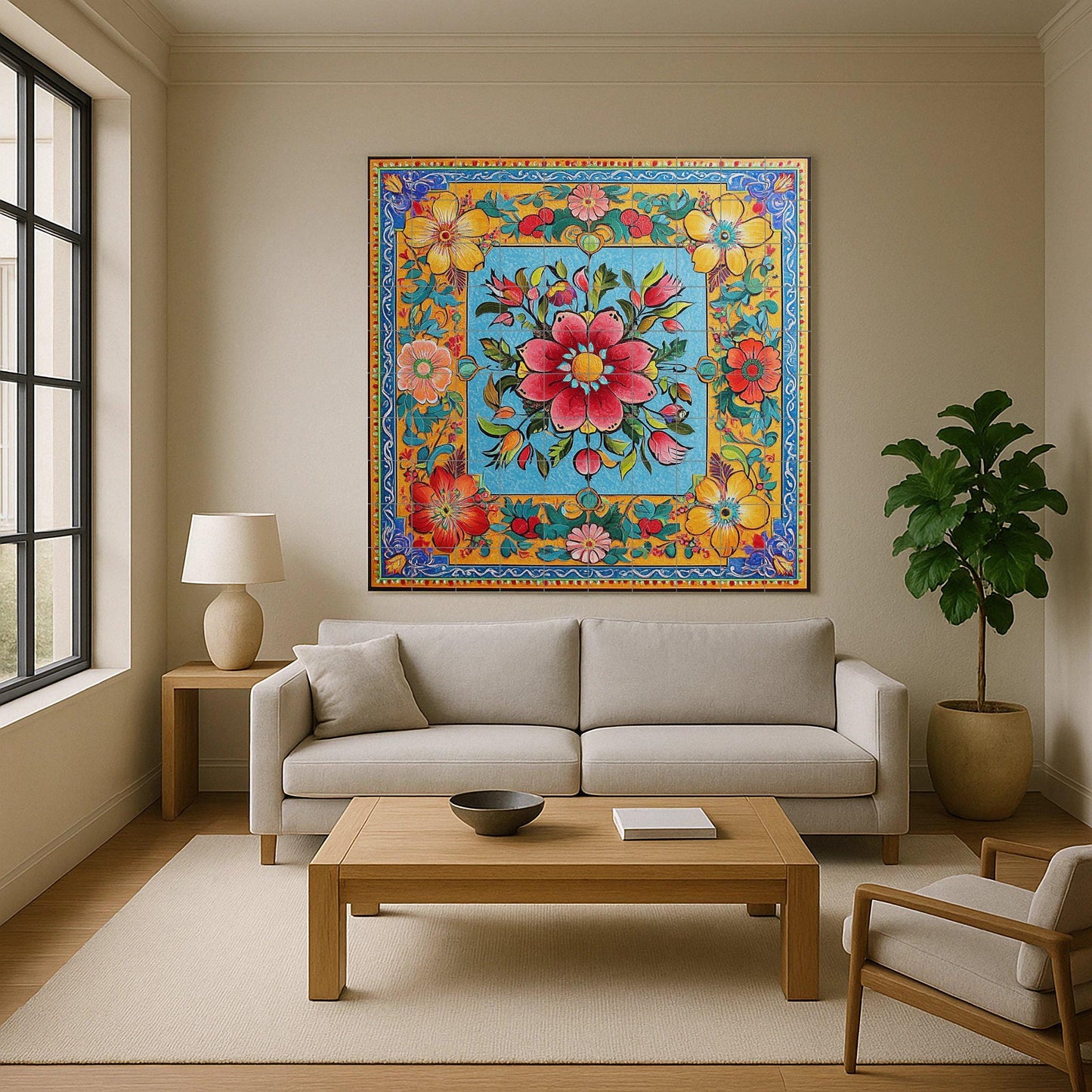 Ceramic mural with Pakistani truck art: vibrant floral and geometric motifs with decorative border, wall tile design with a colorful folk style.